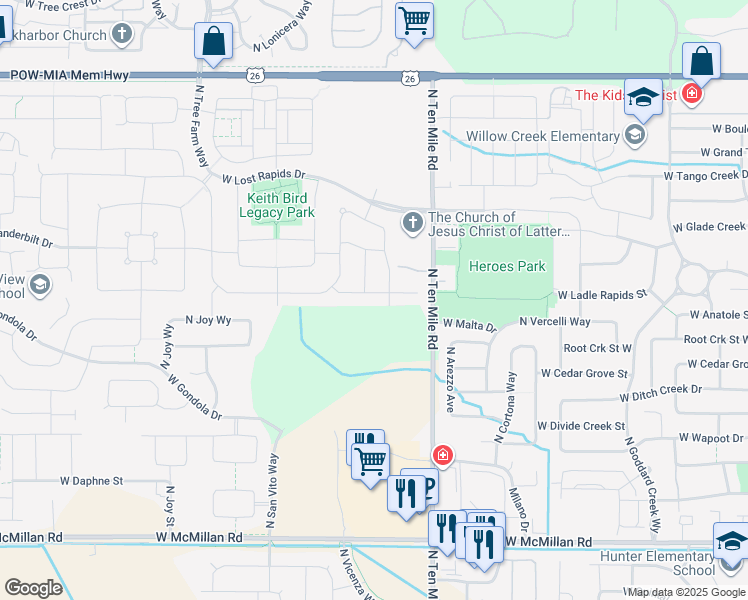 map of restaurants, bars, coffee shops, grocery stores, and more near 3399 West Ladle Rapids Street in Meridian