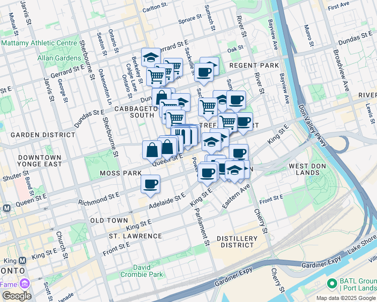 map of restaurants, bars, coffee shops, grocery stores, and more near 372 Queen Street East in Toronto