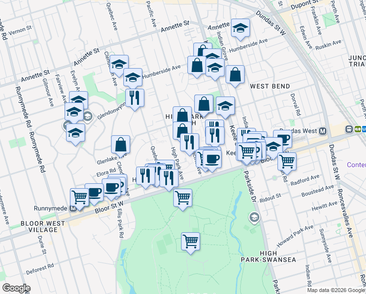 map of restaurants, bars, coffee shops, grocery stores, and more near 65 High Park Avenue in Toronto