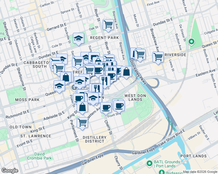map of restaurants, bars, coffee shops, grocery stores, and more near 569 King Street East in Toronto
