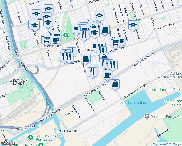 map of restaurants, bars, coffee shops, grocery stores, and more near 50 Logan Avenue in Toronto