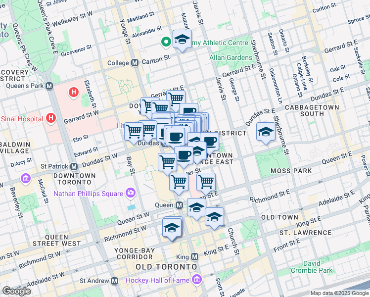 map of restaurants, bars, coffee shops, grocery stores, and more near in Toronto