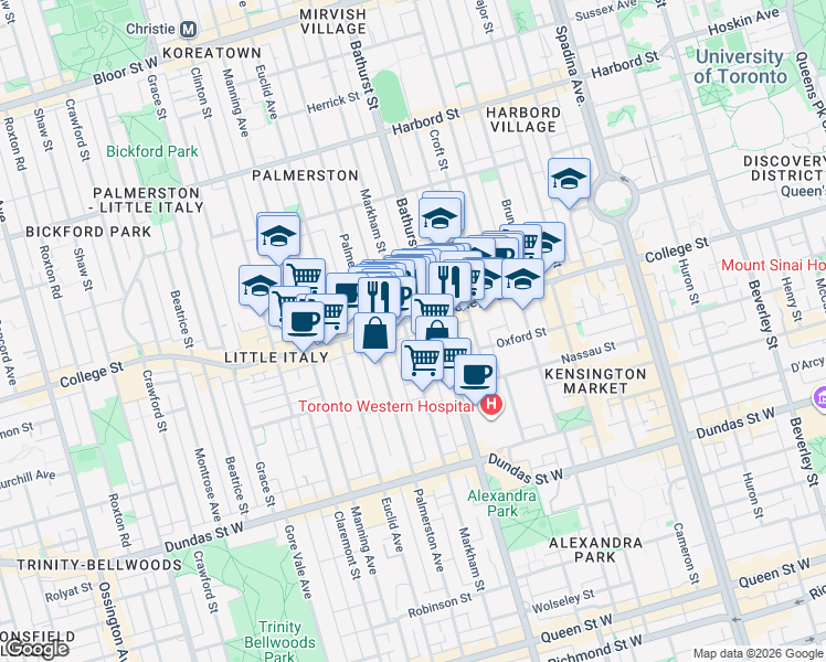 map of restaurants, bars, coffee shops, grocery stores, and more near 301 Markham Street in Toronto