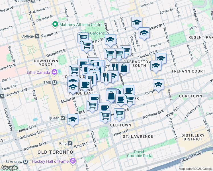 map of restaurants, bars, coffee shops, grocery stores, and more near 215 George Street in Toronto