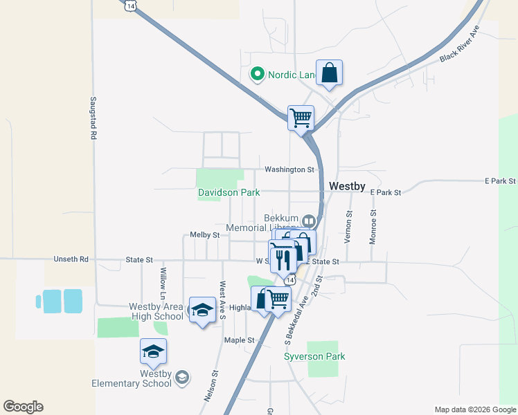 map of restaurants, bars, coffee shops, grocery stores, and more near 217 Davidson Avenue in Westby