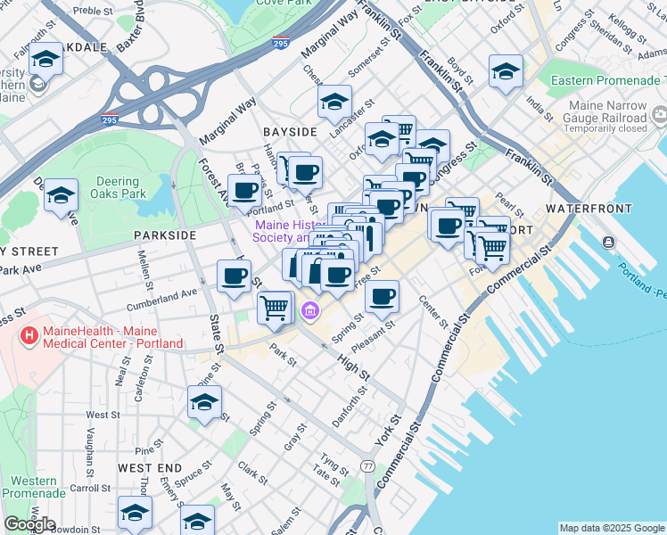 map of restaurants, bars, coffee shops, grocery stores, and more near 533 Congress Street in Portland