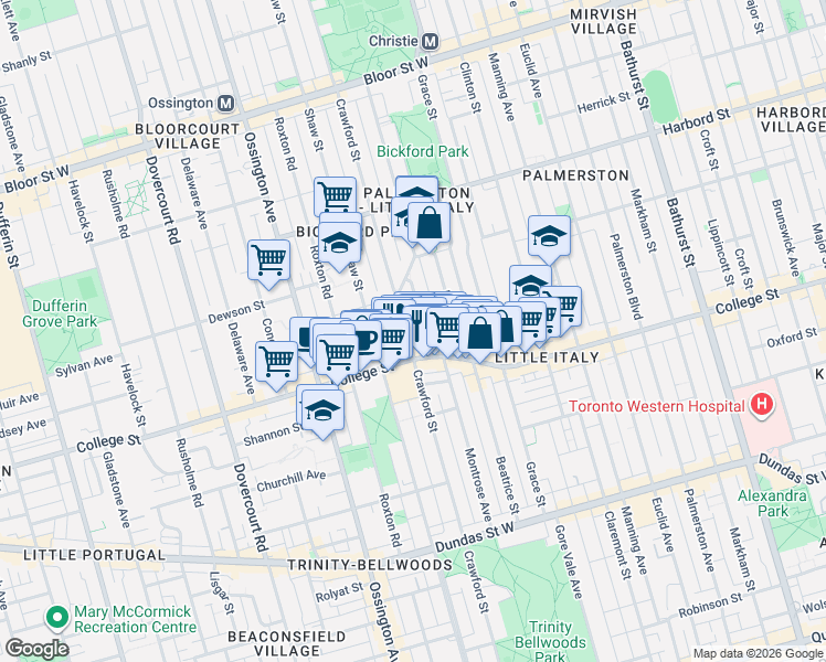 map of restaurants, bars, coffee shops, grocery stores, and more near 216 Montrose Avenue in Toronto