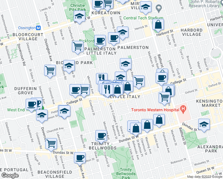 map of restaurants, bars, coffee shops, grocery stores, and more near 177 Grace Street in Toronto