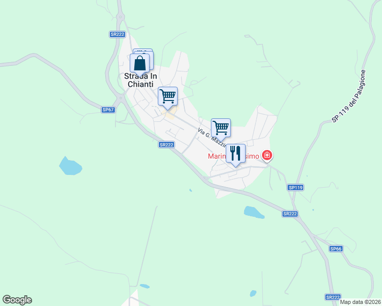 map of restaurants, bars, coffee shops, grocery stores, and more near 51 Via Giovanni Mazzuoli in Strada In Chianti