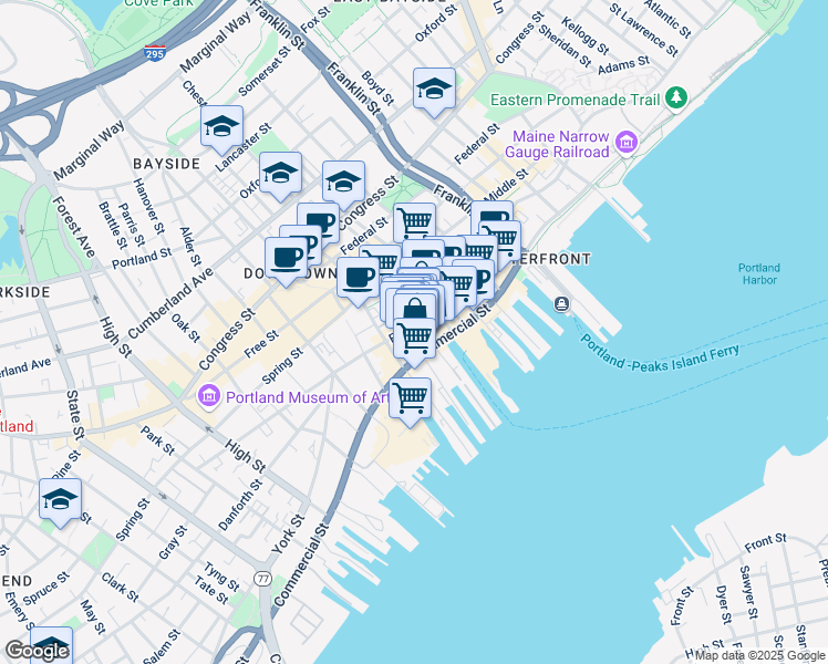map of restaurants, bars, coffee shops, grocery stores, and more near 422 1/2 Fore Street in Portland