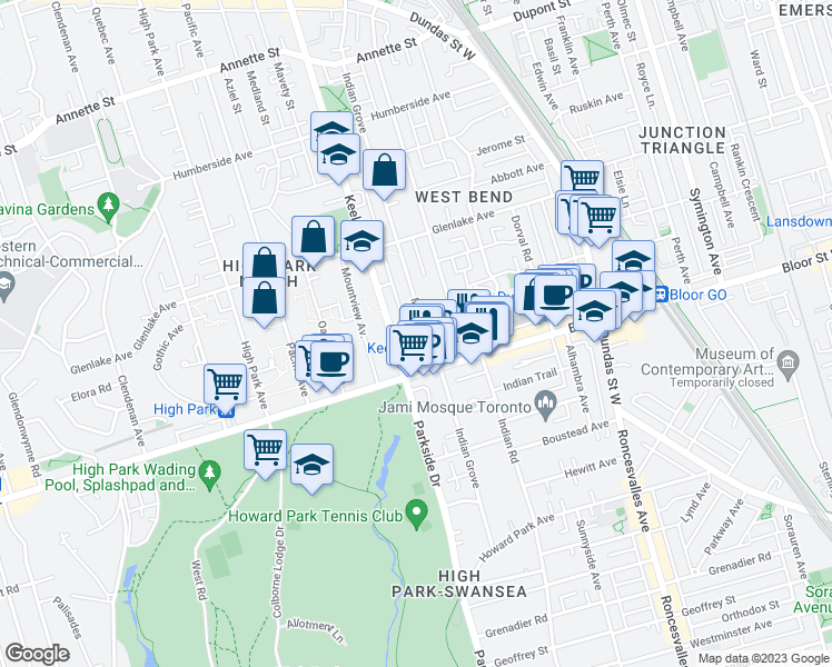 map of restaurants, bars, coffee shops, grocery stores, and more near 162 Indian Grove in Toronto