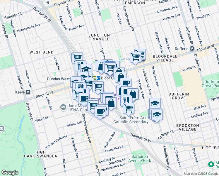 map of restaurants, bars, coffee shops, grocery stores, and more near 51 Perth Avenue in Toronto
