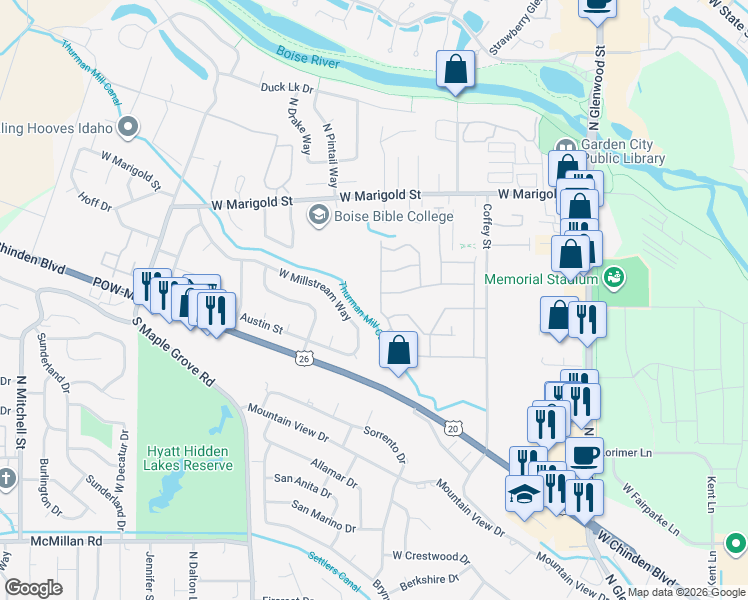map of restaurants, bars, coffee shops, grocery stores, and more near 8525 Willowdale Drive in Boise