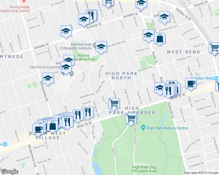 map of restaurants, bars, coffee shops, grocery stores, and more near 117 Gothic Avenue in Toronto