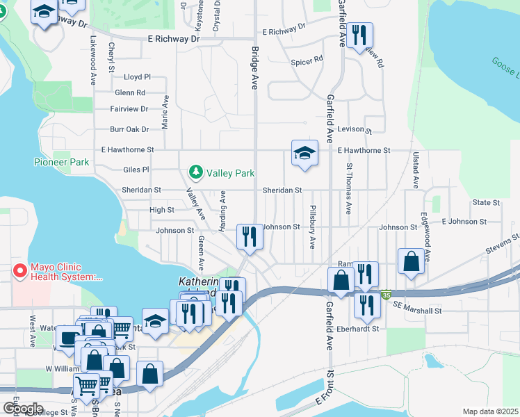 map of restaurants, bars, coffee shops, grocery stores, and more near 802 Bridge Avenue in Albert Lea