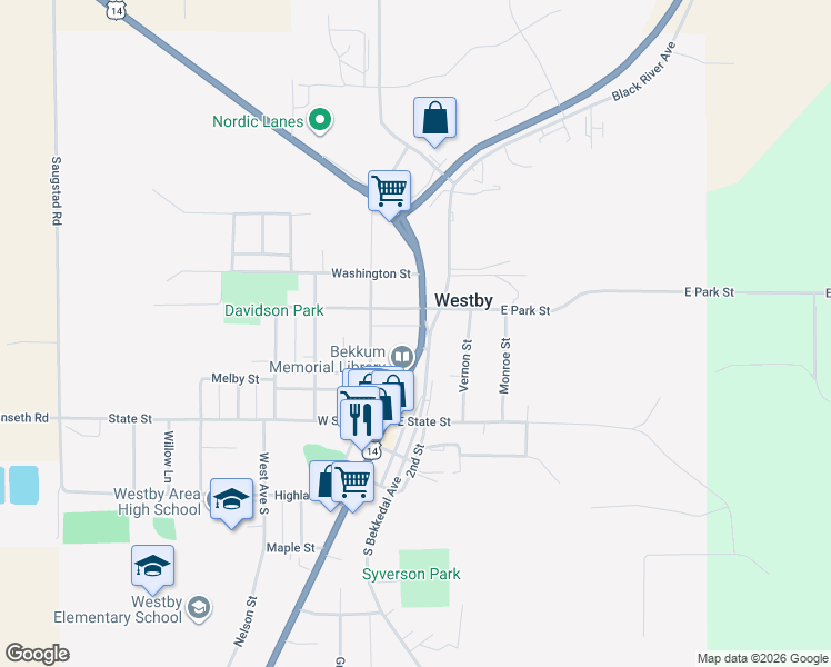 map of restaurants, bars, coffee shops, grocery stores, and more near 220 North Main Street in Westby