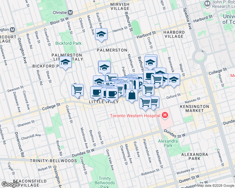 map of restaurants, bars, coffee shops, grocery stores, and more near 550 College Street in Toronto
