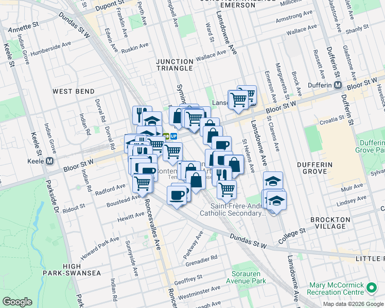 map of restaurants, bars, coffee shops, grocery stores, and more near in Toronto