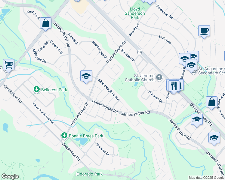 map of restaurants, bars, coffee shops, grocery stores, and more near 49 Kimborough Hollow in Brampton