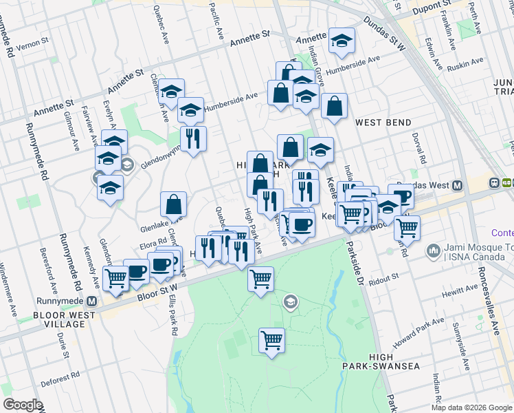 map of restaurants, bars, coffee shops, grocery stores, and more near 65 High Park Avenue in Toronto