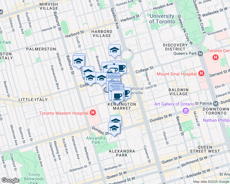 map of restaurants, bars, coffee shops, grocery stores, and more near 68 Oxford Street in Toronto