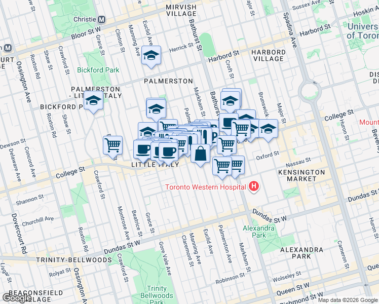 map of restaurants, bars, coffee shops, grocery stores, and more near 530 College Street in Toronto