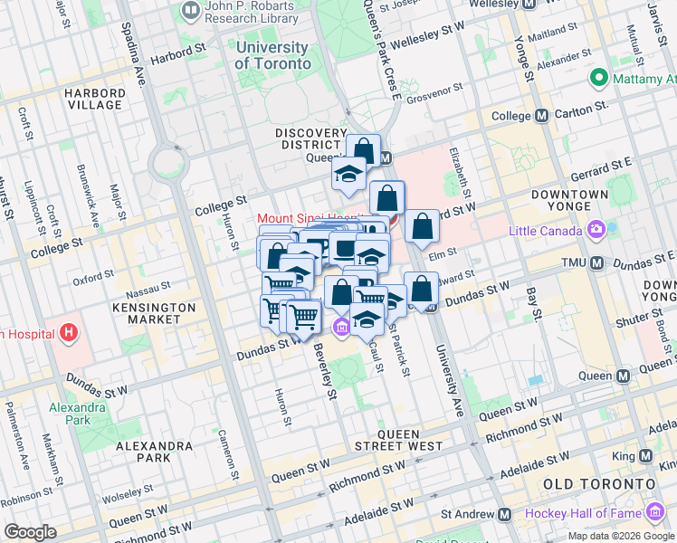 map of restaurants, bars, coffee shops, grocery stores, and more near 13 Baldwin Street in Toronto