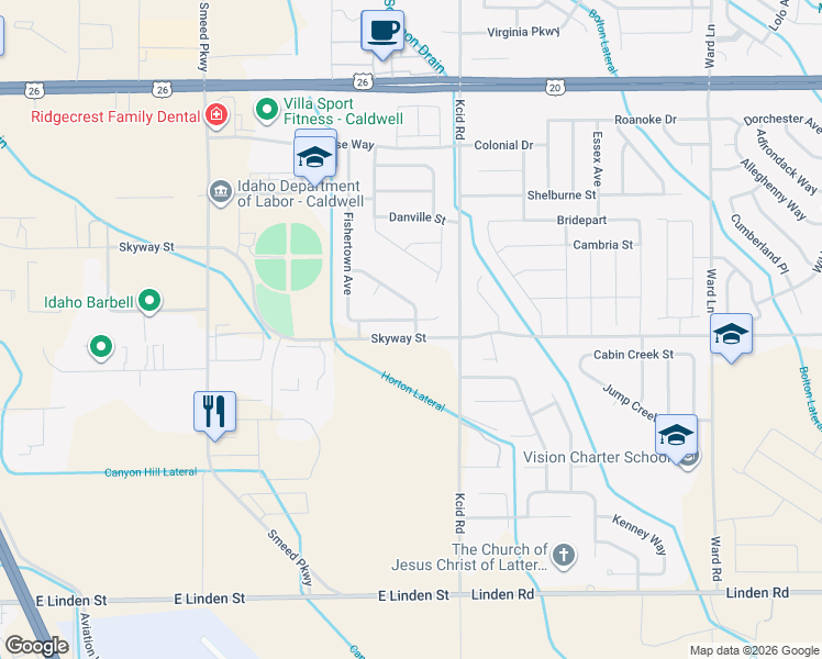 map of restaurants, bars, coffee shops, grocery stores, and more near Skyway Street in Caldwell