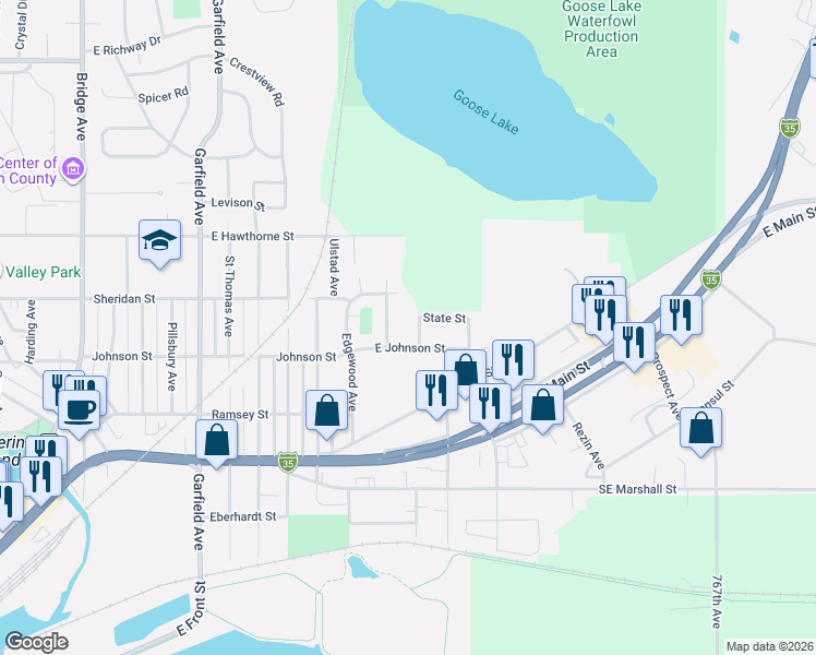 map of restaurants, bars, coffee shops, grocery stores, and more near 606 Cherry Avenue in Albert Lea