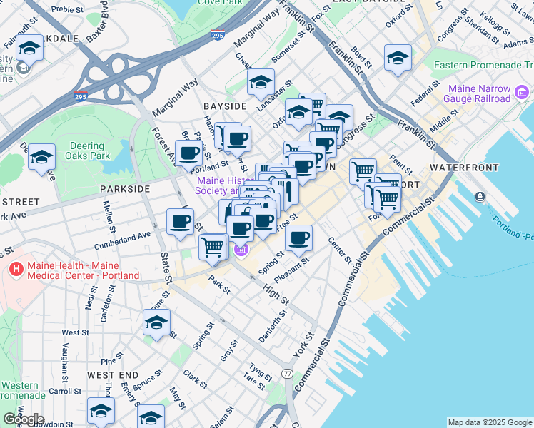 map of restaurants, bars, coffee shops, grocery stores, and more near Congress St & Casco St in Portland