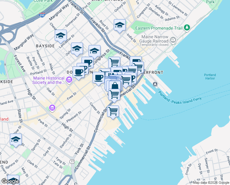 map of restaurants, bars, coffee shops, grocery stores, and more near 422 1/2 Fore Street in Portland