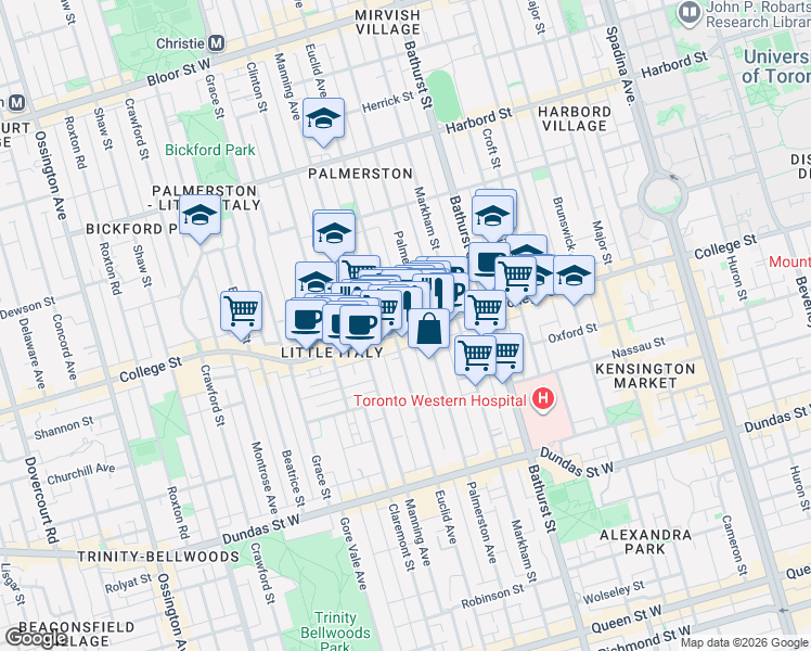 map of restaurants, bars, coffee shops, grocery stores, and more near 530 College Street in Toronto