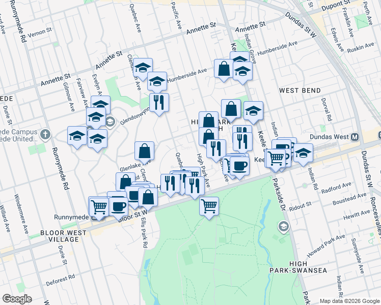 map of restaurants, bars, coffee shops, grocery stores, and more near 70 High Park Avenue in Toronto