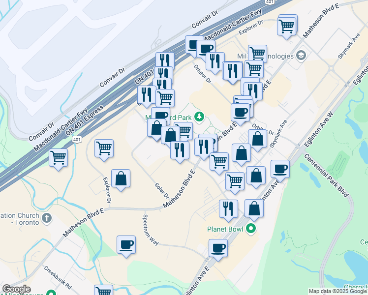 map of restaurants, bars, coffee shops, grocery stores, and more near 5205 Satellite Drive in Mississauga
