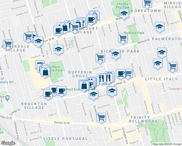 map of restaurants, bars, coffee shops, grocery stores, and more near 56 Delaware Avenue in Toronto