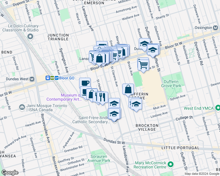 map of restaurants, bars, coffee shops, grocery stores, and more near 543 Lansdowne Avenue in Toronto