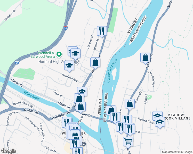 map of restaurants, bars, coffee shops, grocery stores, and more near 803 Hartford Avenue in Hartford