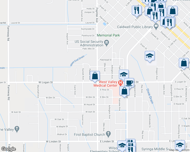 map of restaurants, bars, coffee shops, grocery stores, and more near 1604 South Kimball Avenue in Caldwell