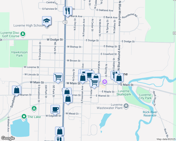map of restaurants, bars, coffee shops, grocery stores, and more near 115 East Luverne Street in Luverne