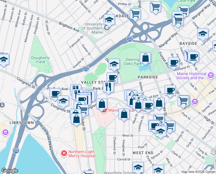 map of restaurants, bars, coffee shops, grocery stores, and more near 201 Park Avenue in Portland