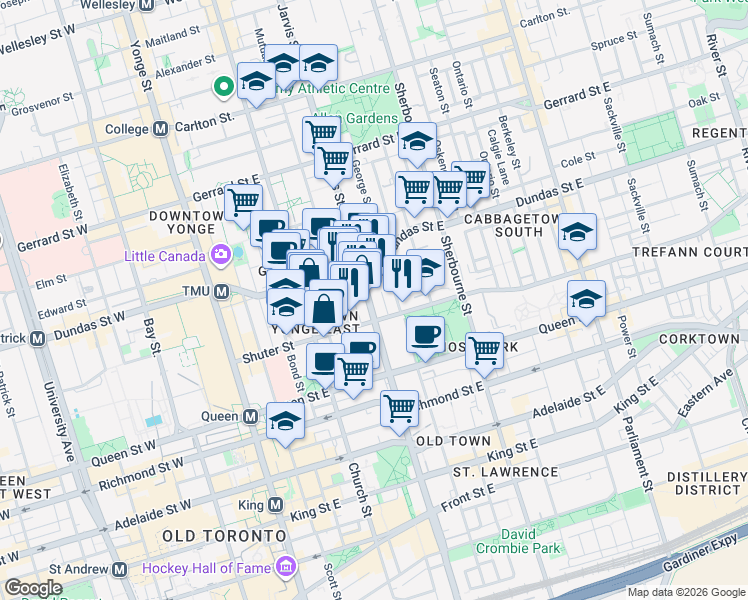 map of restaurants, bars, coffee shops, grocery stores, and more near 215 Jarvis Street in Toronto