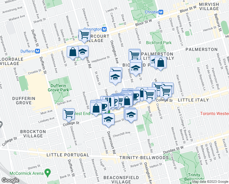 map of restaurants, bars, coffee shops, grocery stores, and more near 58 Concord Avenue in Toronto