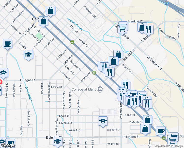 map of restaurants, bars, coffee shops, grocery stores, and more near 1919 Interstate 84 Business Loop in Caldwell