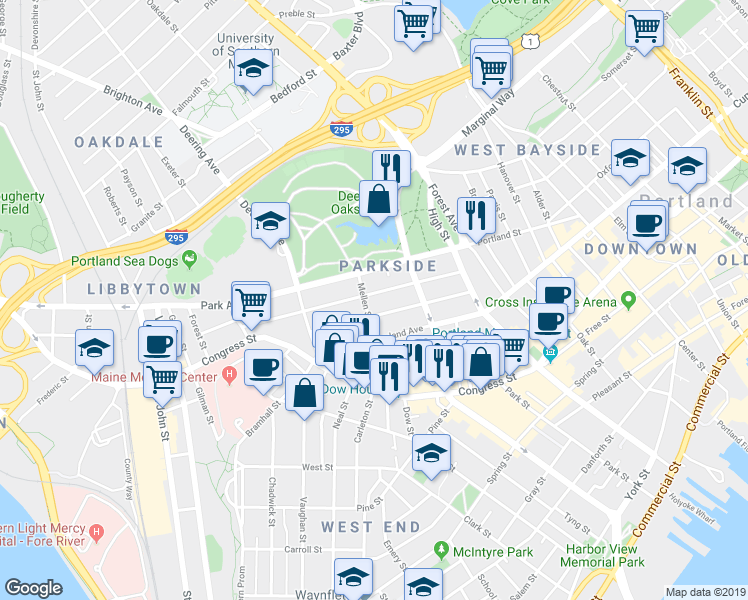 map of restaurants, bars, coffee shops, grocery stores, and more near 83 Mellen Street in Portland