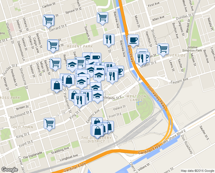 map of restaurants, bars, coffee shops, grocery stores, and more near in Toronto