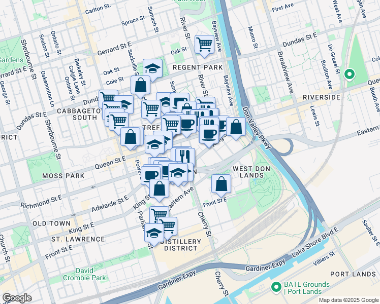 map of restaurants, bars, coffee shops, grocery stores, and more near in Toronto