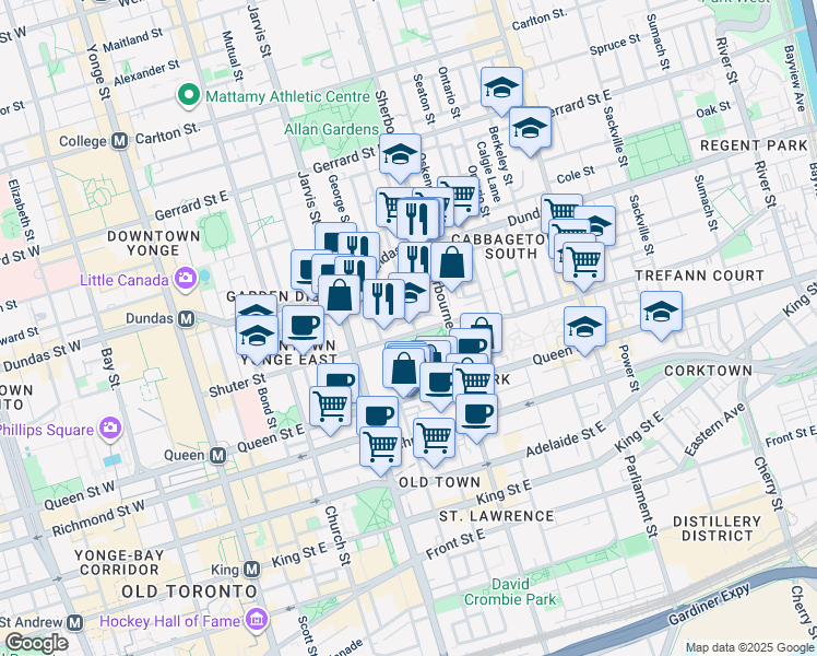 map of restaurants, bars, coffee shops, grocery stores, and more near 150 Sherbourne Street in Toronto