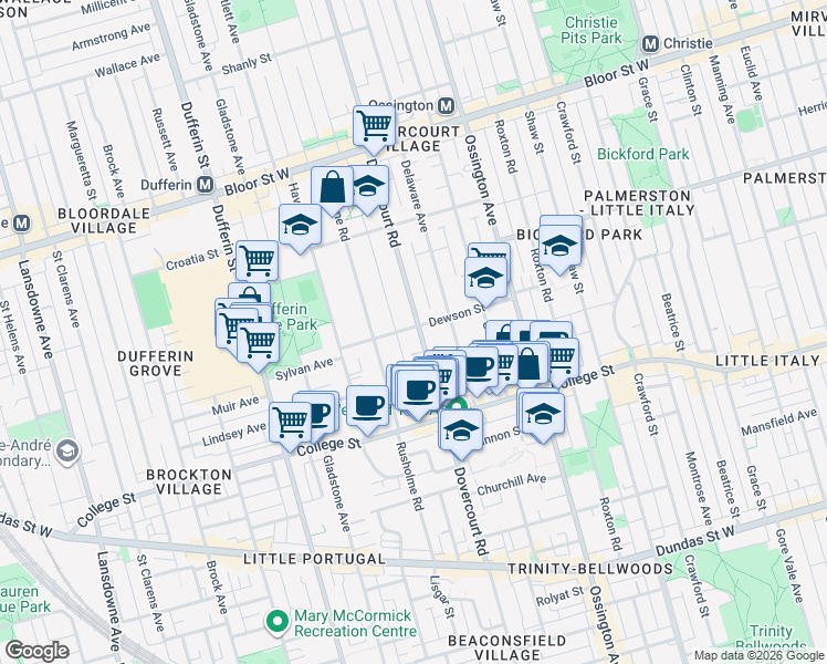 map of restaurants, bars, coffee shops, grocery stores, and more near in Toronto