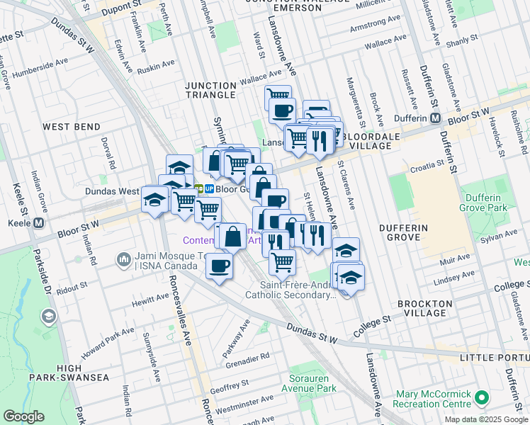map of restaurants, bars, coffee shops, grocery stores, and more near 225 Sterling Road in Toronto