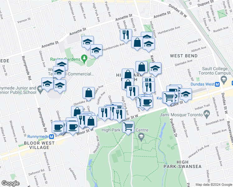 map of restaurants, bars, coffee shops, grocery stores, and more near in Toronto